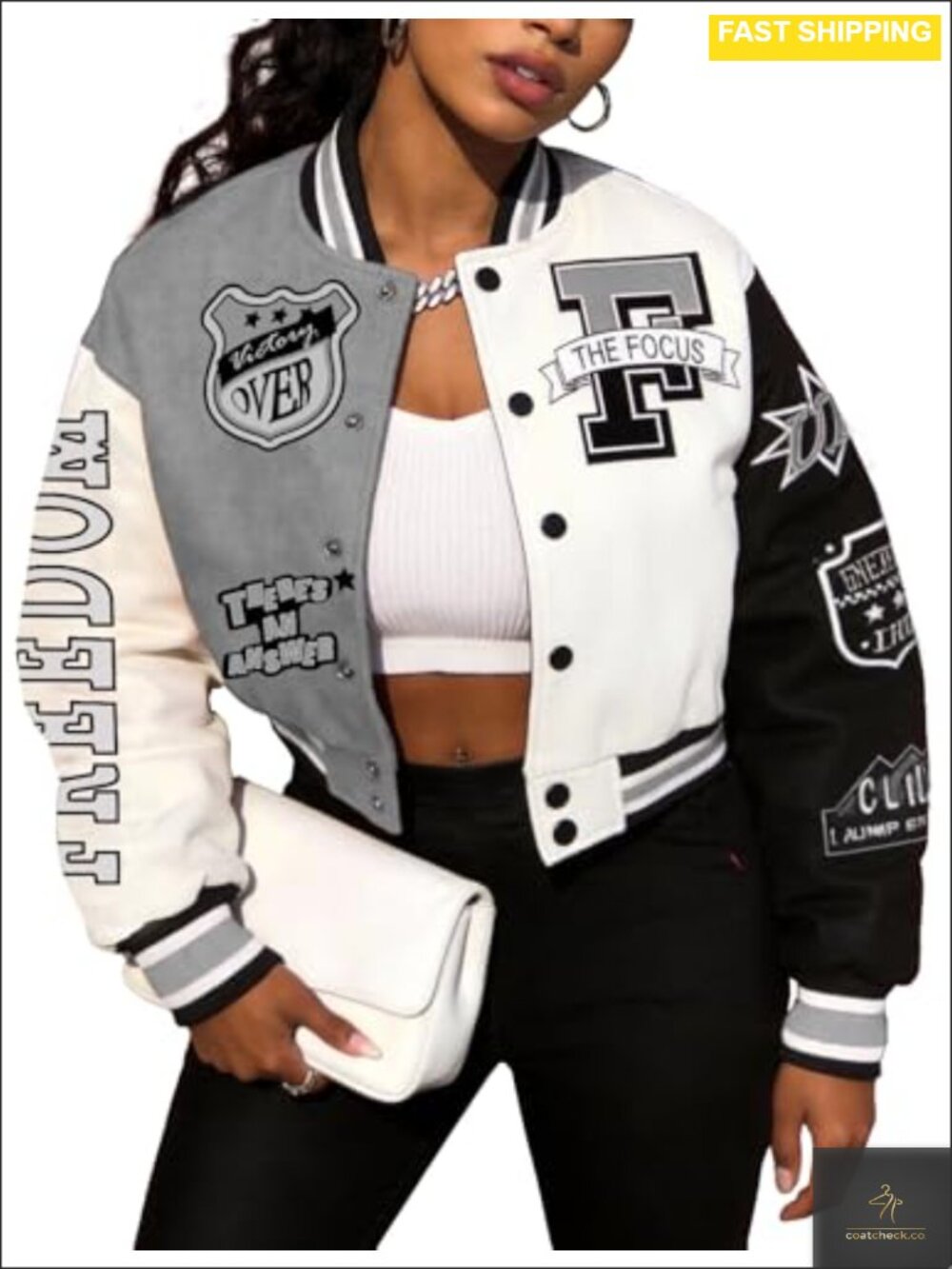 Varsity Bomber Letterman Jacket Cotton Blend Cropped Snap